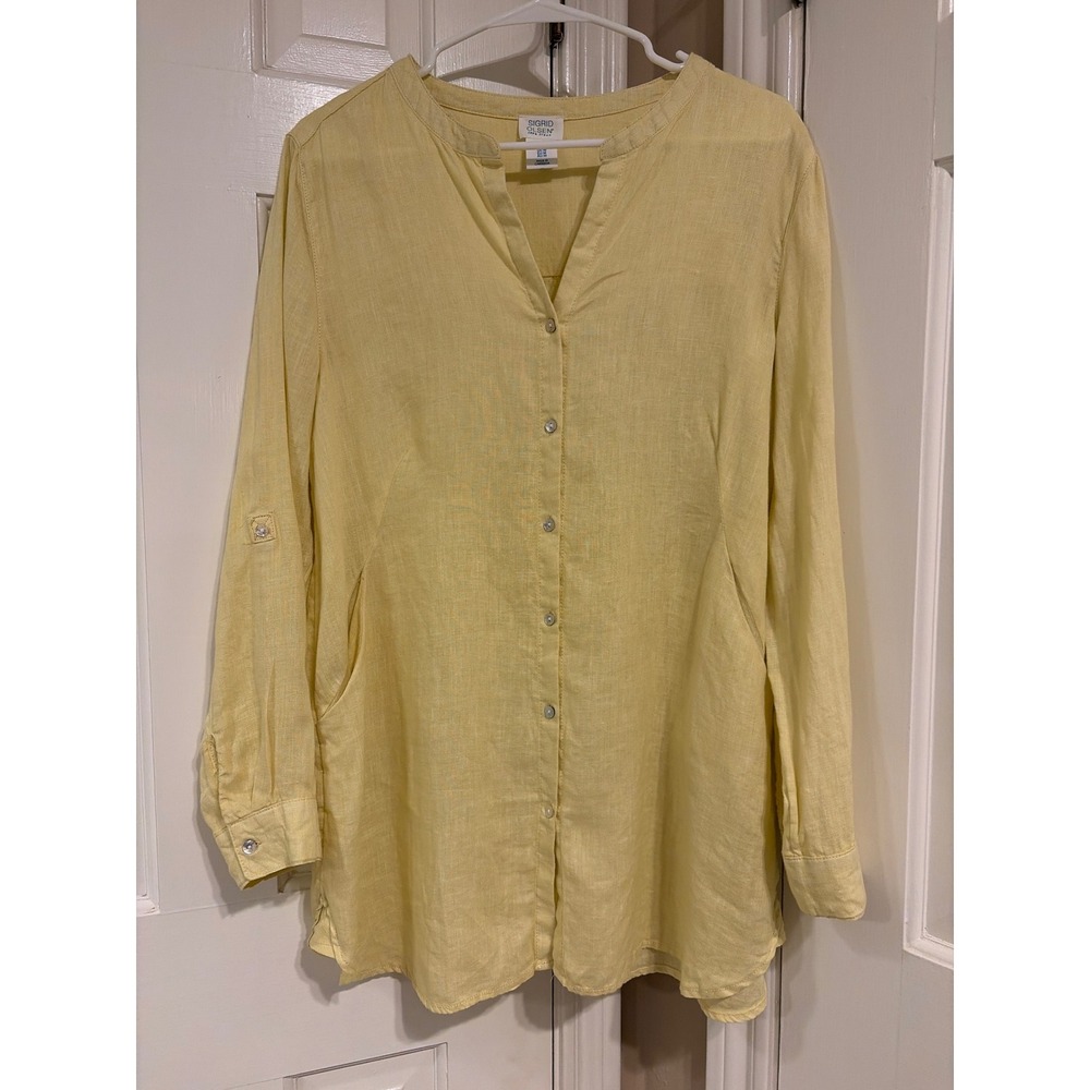 Sigrid Olsen Linen Button Down Tunic Women Medium Yellow Excellent